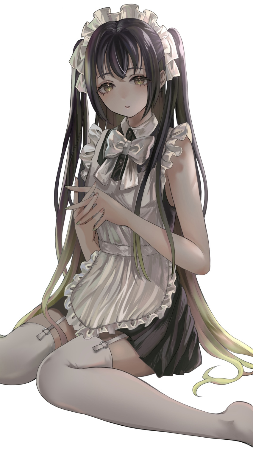 1girl, apron, black_hair, blush, garter_straps, garters, grin, highres