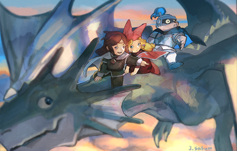 1girl, 2boys, armor, blonde_hair, blue_eyes, brown_hair, cape, dragon