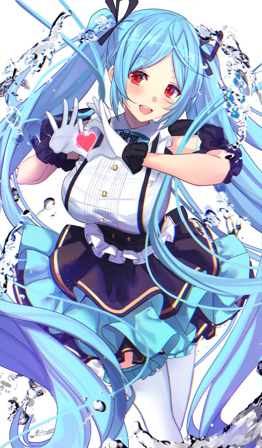 .live, :d, ahoge, arms_up, bangs, blue_hair, breasts, dress_shirt