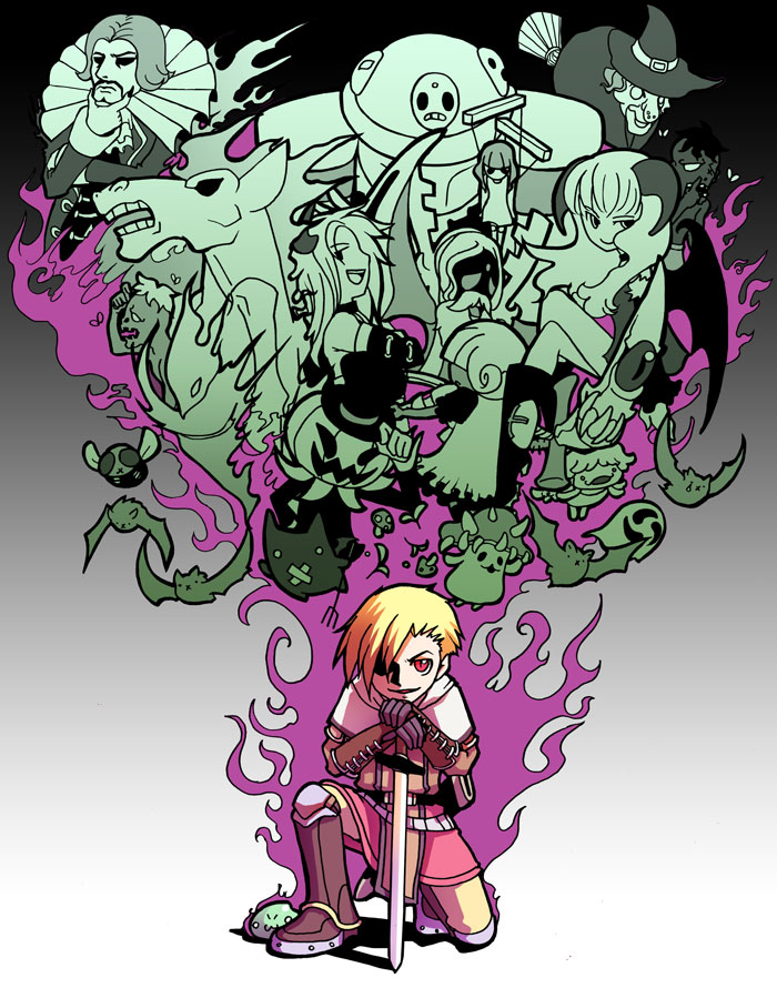 3boys, 3girls, :3, apocalypse_(ragnarok_online), armored_boots, asymmetrical_hair, aura, bangs
