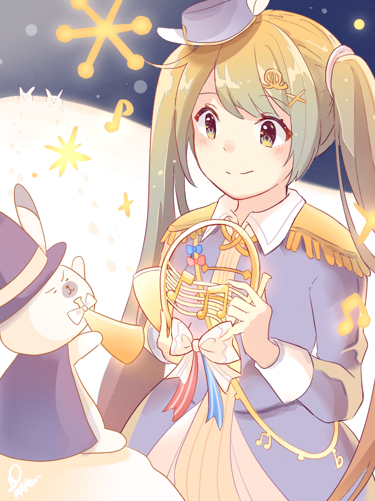 1girl, 1other, aoiyui, aqua_hair, band_uniform, beamed_eighth_notes, blue_bow, blue_cape