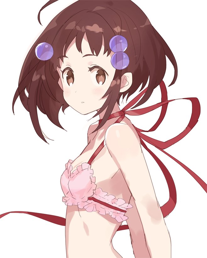 1girl, ahoge, bikini, bikini_top, bra, brown_eyes, brown_hair, choker