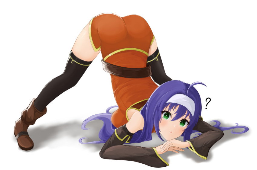 1girl, ?, ahoge, arched_back, arm_rest, ass, bangs, bare_shoulders, black_legwear, black_sleeves, blue_hair, breast_press, brown_footwear, detached_sleeves, dress, fire_emblem, fire_emblem:_radiant_dawn, flexible, full_body, green_eyes, hairband, hands_on_ground, highres, jack-o'_challenge, long_hair, looking_at_viewer, meme, mia_(fire_emblem), pose, ryuusaki_rei, shadow, shoes, short_dress, simple_background, solo, spread_legs, stretch, thigh-highs, top-down_bottom-up, white_background, white_hairband, wide_spread_legs