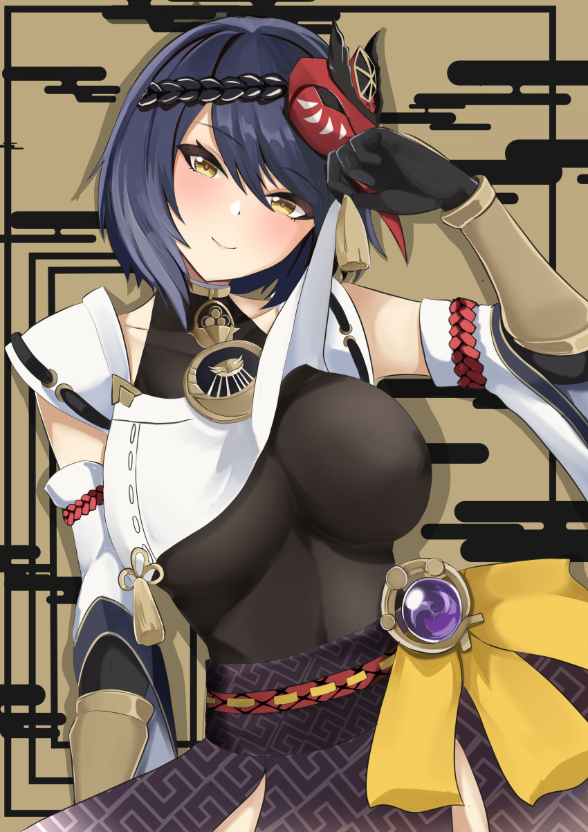 1girl, absurdres, black_hair, breasts, clothes_lift, genshin_impact, gloves, highres