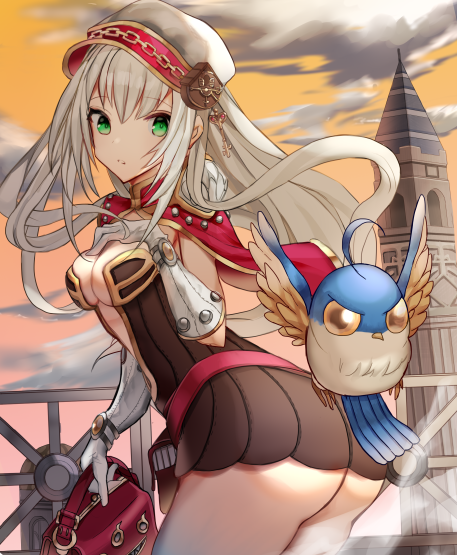 1girl, ass, bag, bangs, bird, breasts, brown_dress, cape