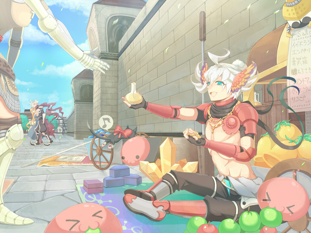 >_<, :3, ahoge, apple, armor, armored_boots, assassin_cross_(ragnarok_online), axe