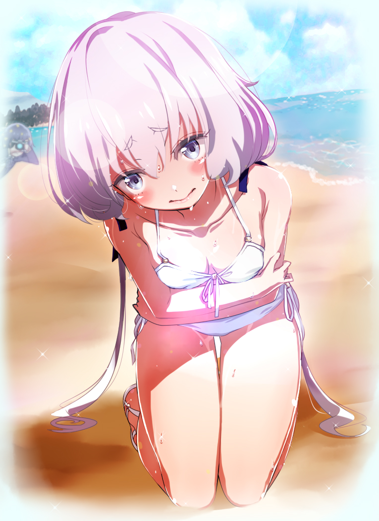 2girls, :>, alternate_costume, bangs, beach, bikini, black_hair, blue_eyes, blue_sky, breasts, camera, clouds, collarbone, crossed_arms, embarrassed, eyebrows_visible_through_hair, front-tie_bikini, front-tie_top, hair_ribbon, kneeling, konno_junko, lens_flare, looking_at_viewer, low_twintails, manohiro_yuki, mizuno_ai, multiple_girls, ocean, outdoors, ribbon, sand, sandals, short_hair, side-tie_bikini, sky, small_breasts, solo_focus, swimsuit, twintails, water, wet, white_bikini, white_hair, zombie_land_saga