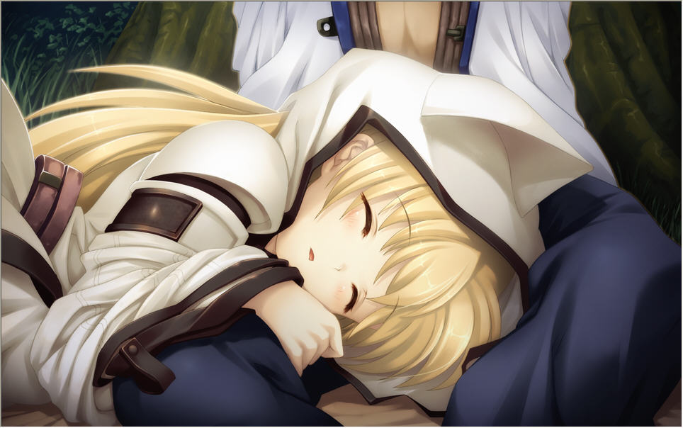 blonde_hair, cat_ears, character_request, closed_eyes, game_cg, hitomaru, hood, lap