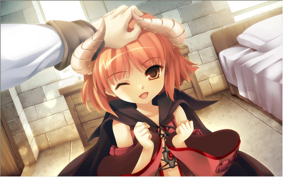 character_request, detached_sleeves, hitomaru, horns, orange_hair, pat, petting, seirei_tenshou