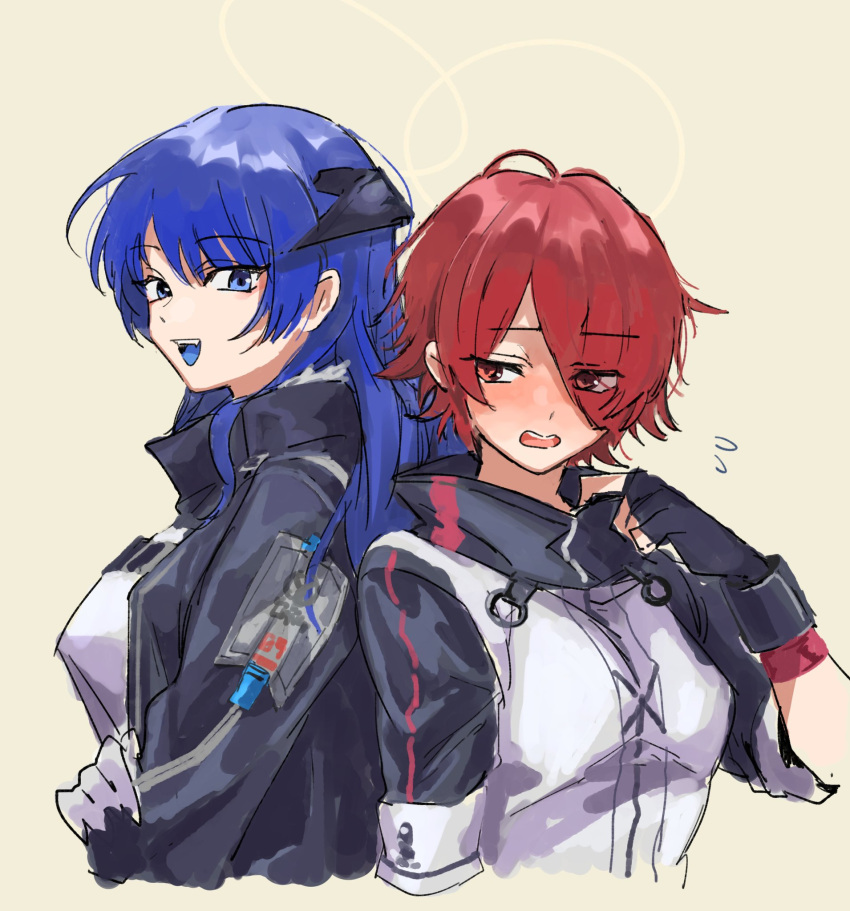 2girls, arknights, back-to-back, black_gloves, black_jacket, blue_eyes, blue_hair, blue_tongue