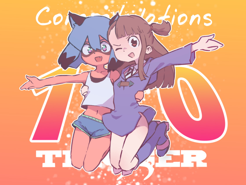 2girls, :d, animal_ears, animal_nose, anniversary, arm_around_waist, black_hair, black_shirt