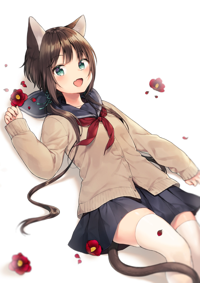 1girl, :d, absurdres, animal_ears, arm_at_side, bangs, blue_sailor_collar, blue_skirt, blurry, brown_cardigan, brown_hair, buttons, camellia, cardigan, cat_ears, cat_girl, cat_tail, collarbone, commentary, depth_of_field, english_commentary, eyebrows_visible_through_hair, fang, feet_out_of_frame, flower, green_eyes, green_ribbon, hair_ribbon, hand_up, highres, knee_up, long_hair, long_sleeves, looking_at_viewer, low_twintails, lying, midorikawa_you, miniskirt, neckerchief, on_back, open_mouth, original, photoshop_(medium), pleated_skirt, red_flower, red_neckwear, ribbon, sailor_collar, sailor_collar_lift, school_uniform, sidelocks, simple_background, skirt, sleeves_past_wrists, smile, solo, tail, thigh-highs, twintails, white_background, white_legwear, zettai_ryouiki