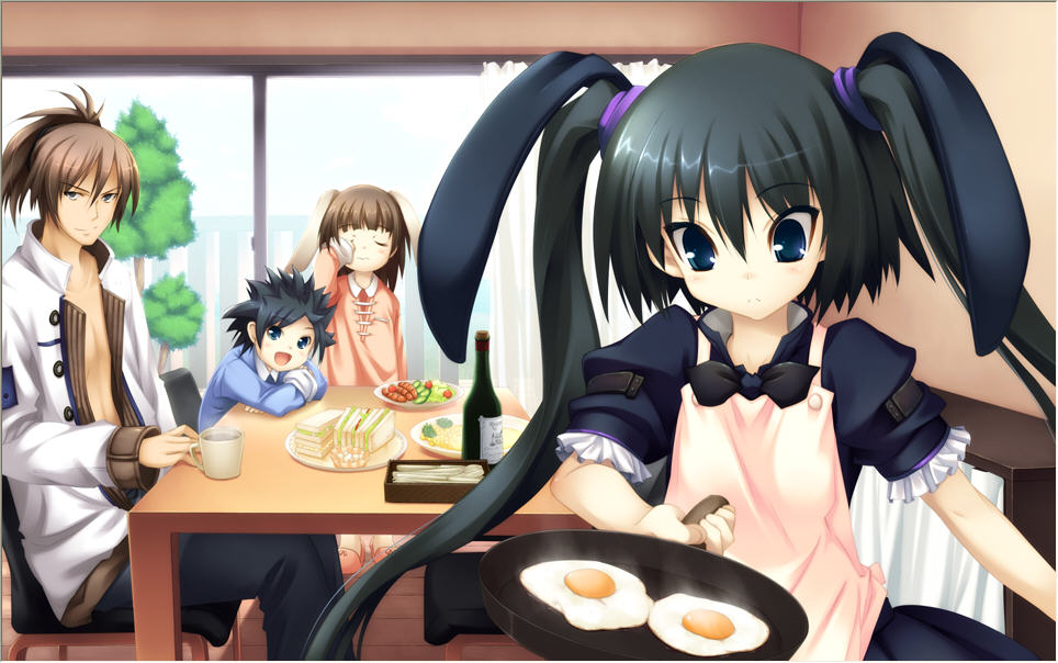 apron, black_hair, blue_eyes, bunny_ears, character_request, closed_eyes, cooking, egg