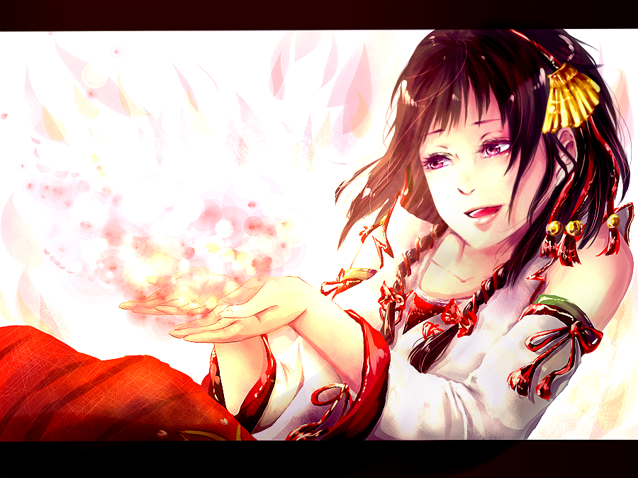 bare_shoulders, black_hair, detached_sleeves, dress, female, hair_ornament, hairband, long_hair