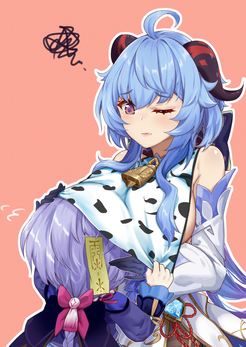 2girls, ahoge, alternate_costume, animal_print, bangs, bell, black_gloves, blue_hair, braid, cape, chinese_clothes, commentary_request, cow_print, detached_sleeves, eyebrows_visible_through_hair, ganyu_(genshin_impact), genshin_impact, gloves, hair_between_eyes, highres, horns, hpapo, jiangshi, long_hair, looking_at_viewer, low_ponytail, multiple_girls, neck_bell, ofuda, one_eye_closed, parted_lips, purple_hair, qiqi_(genshin_impact), sidelocks, simple_background, single_braid, violet_eyes, vision_(genshin_impact)