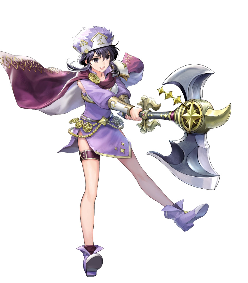 1girl, armor, asatani_tomoyo, axe, battle_axe, black_hair, boots, cape