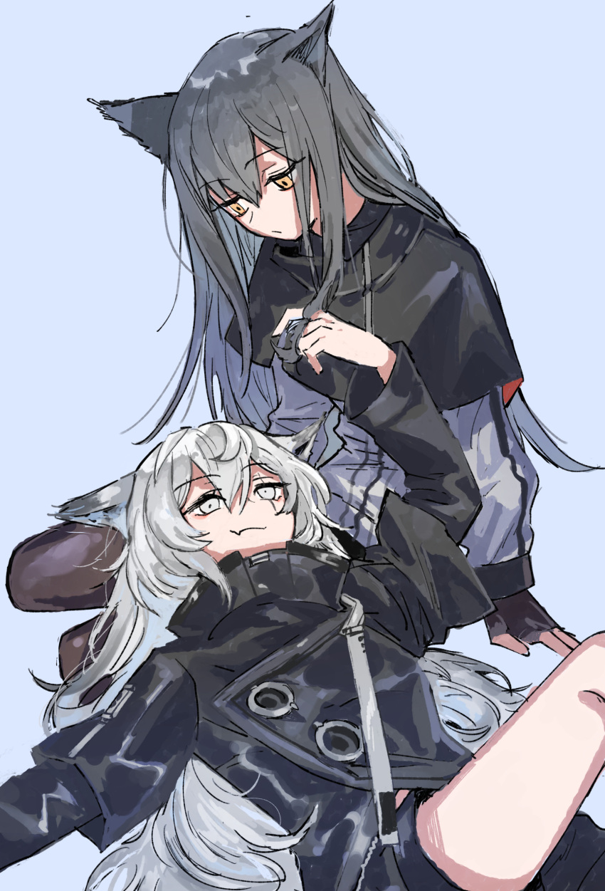 2girls, absurdres, animal_ears, arknights, arm_support, black_capelet, black_coat, black_gloves
