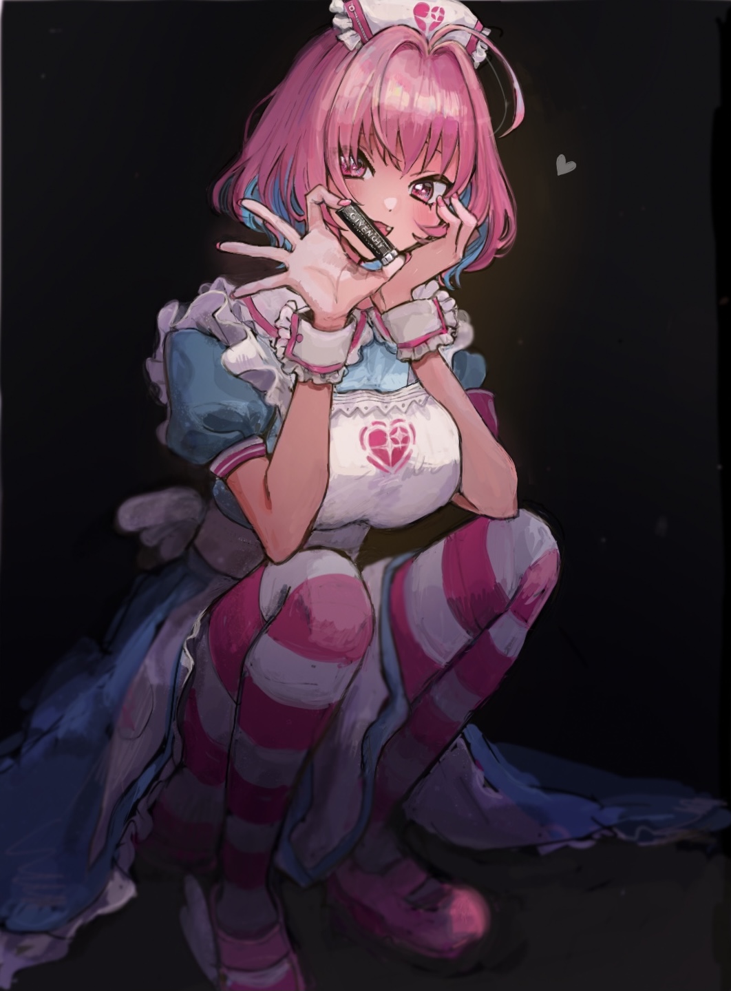 1girl, ahoge, black_background, blue_dress, blue_hair, breasts, dress, elbow_rest, fang, fingernails, frilled_cuffs, givenchy, grin, hat, head_rest, heart, highres, holding, idolmaster, idolmaster_cinderella_girls, looking_at_viewer, makeup, mary_janes, medium_breasts, multicolored_hair, nail_polish, nurse, nurse_cap, okanadamo, open_mouth, pink_eyes, pink_hair, pink_nails, shoes, short_hair, simple_background, smile, solo, squatting, striped, striped_legwear, thigh-highs, tube, two-tone_hair, wrist_cuffs, yumemi_riamu