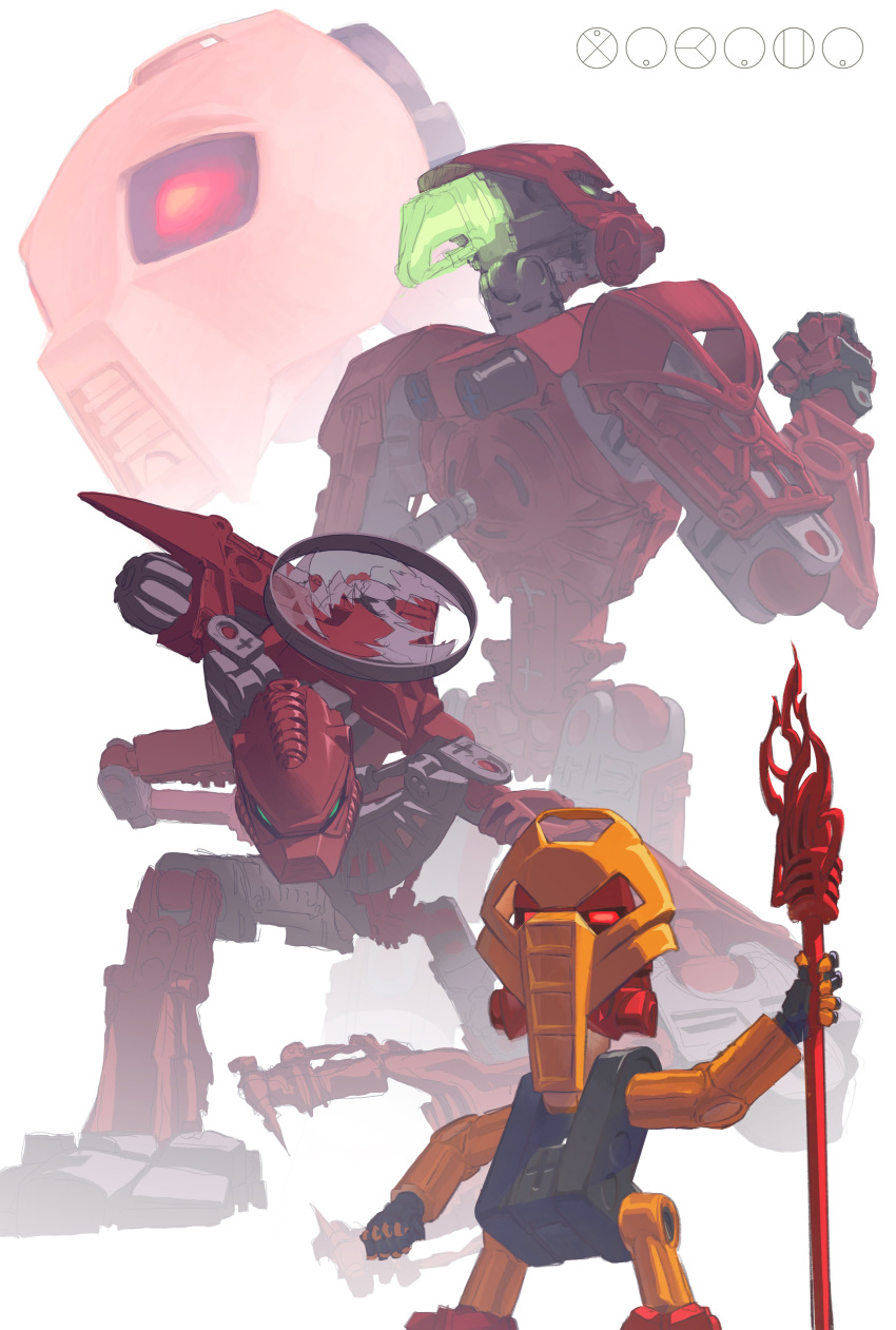 absurdres, age_progression, bionicle, character_name, fire, glowing, glowing_eye, green_eyes, highres, holding, holding_staff, humanoid_robot, kanohi_(bionicle), lim_donghyun, looking_up, matoran_language, no_humans, red_eyes, staff, the_lego_group, vakama_(bionicle)