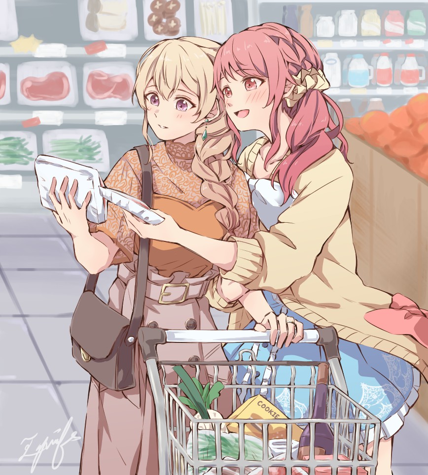 2girls, aiiro_bokujuu, arm_hug, bag, bang_dream!, blonde_hair, blouse, blue_dress