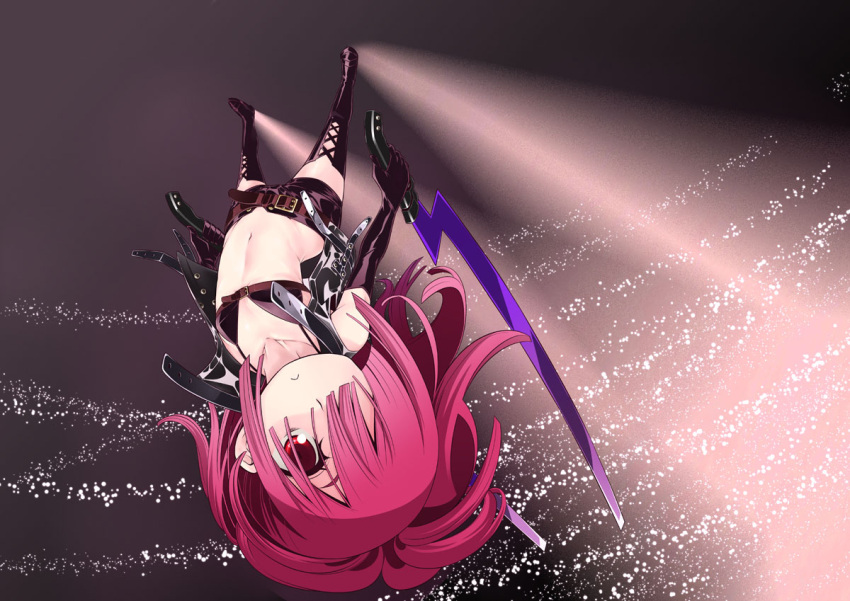 1girl, belt, black_gloves, boots, dual_wielding, elbow_gloves, flat_chest, full_body, gloves, hair_over_one_eye, holding, looking_at_viewer, minami_juujisei, navel, night_seeker_(sekaiju), night_seeker_2_(sekaiju), pink_hair, red_eyes, reverse_grip, sekaiju_no_meikyuu, sekaiju_no_meikyuu_4, short_shorts, shorts, solo, sword, thigh-highs, thigh_boots, upside-down, weapon