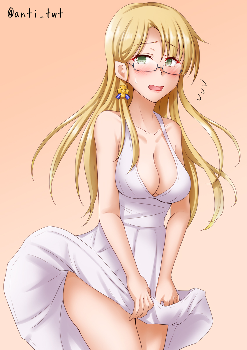 1girl, alternate_costume, anti_(untea9), bangs, blonde_hair, blush, cowboy_shot, dress