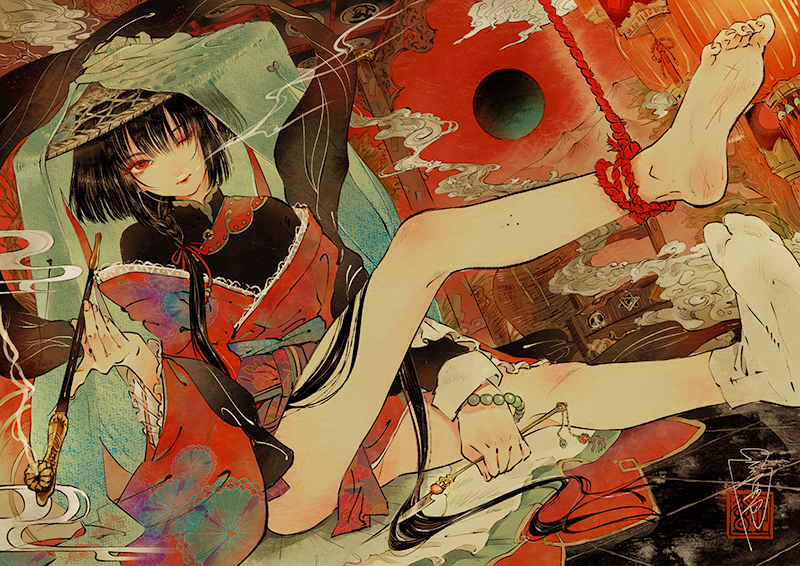 1boy, barefoot, bishounen, black_hair, holding, holding_pipe, japanese_clothes, kiseru, long_hair, male_focus, one_eye_closed, original, p-suke, pipe, red_eyes, smoke, smoking, soles, solo, tabi