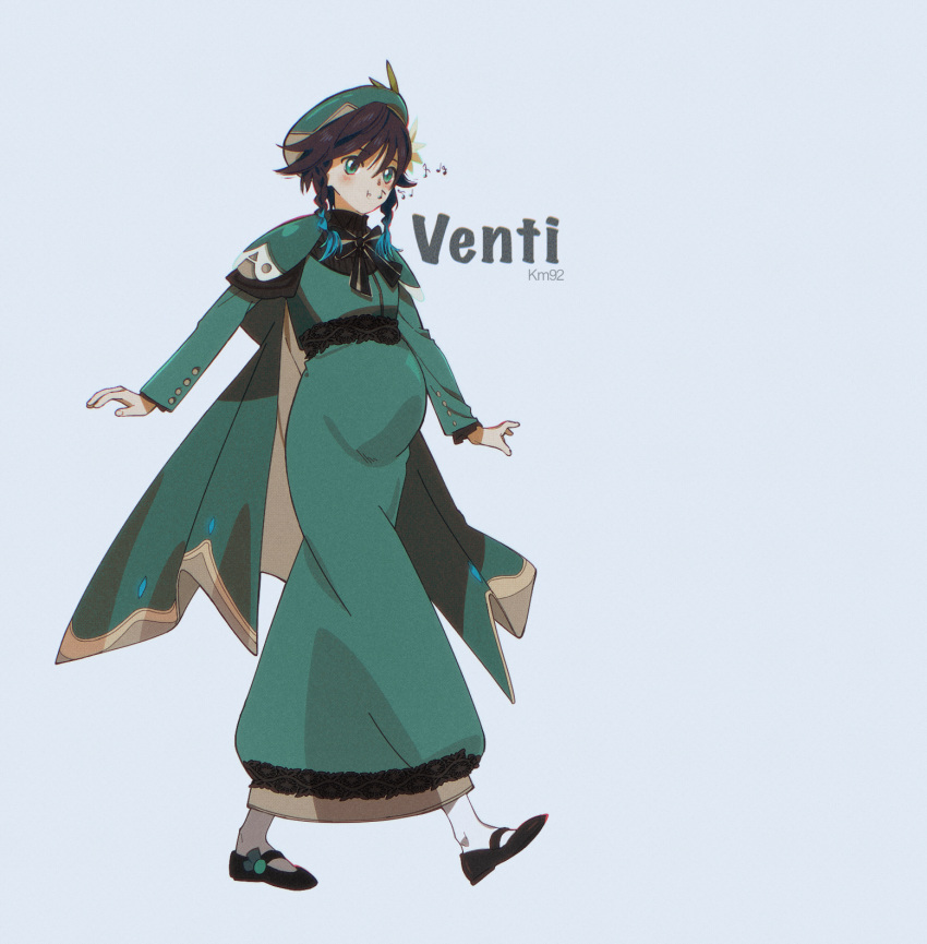 1boy, artist_name, bangs, beret, black_footwear, black_hair, black_ribbon, blue_background, blue_eyes, blue_hair, braid, character_name, commission, dress, genshin_impact, green_dress, green_headwear, hat, highres, km92, male_focus, male_pregnancy, multicolored_hair, otoko_no_ko, ribbon, shoes, short_hair_with_long_locks, simple_background, venti_(genshin_impact), walking, whistling
