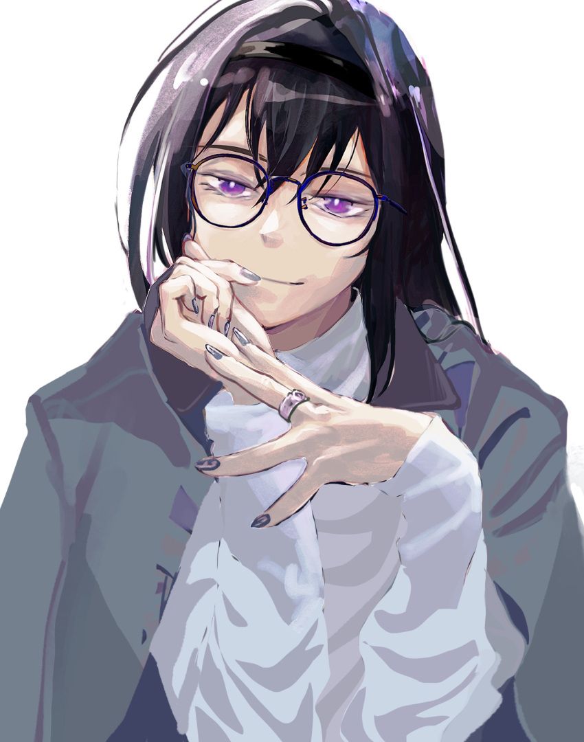 1girl, akemi_homura, black_hair, black_hairband, bright_pupils, closed_mouth, commentary_request, elbow_rest