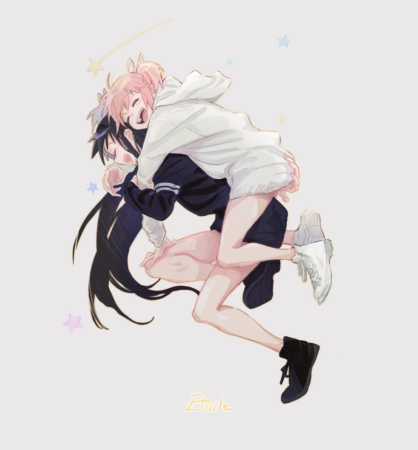 2girls, akemi_homura, bare_legs, black_footwear, black_hair, black_jacket, carrying, closed_eyes