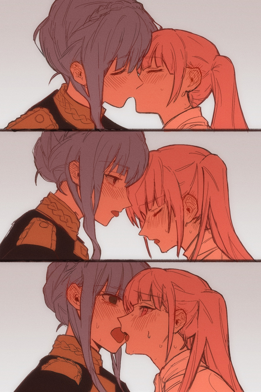 2girls, after_kiss, blue_eyes, blue_hair, blush, braid, closed_eyes, commentary_request, crown_braid, eyebrows_visible_through_hair, fire_emblem, fire_emblem:_three_houses, grey_background, hair_bun, highres, hilda_valentine_goneril, kiss, limited_palette, long_hair, marianne_von_edmund, multiple_girls, pink_eyes, pink_hair, sidelocks, sweat, tongue, tongue_out, twintails, yumi_xsh, yuri