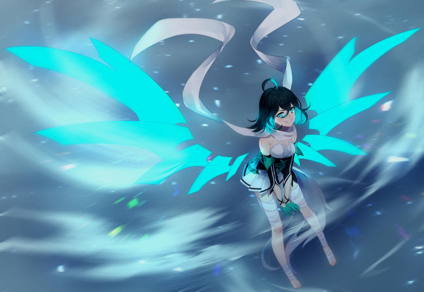 1girl, antenna_hair, bandages, bangs, bare_shoulders, barefoot, evil_grin, evil_smile