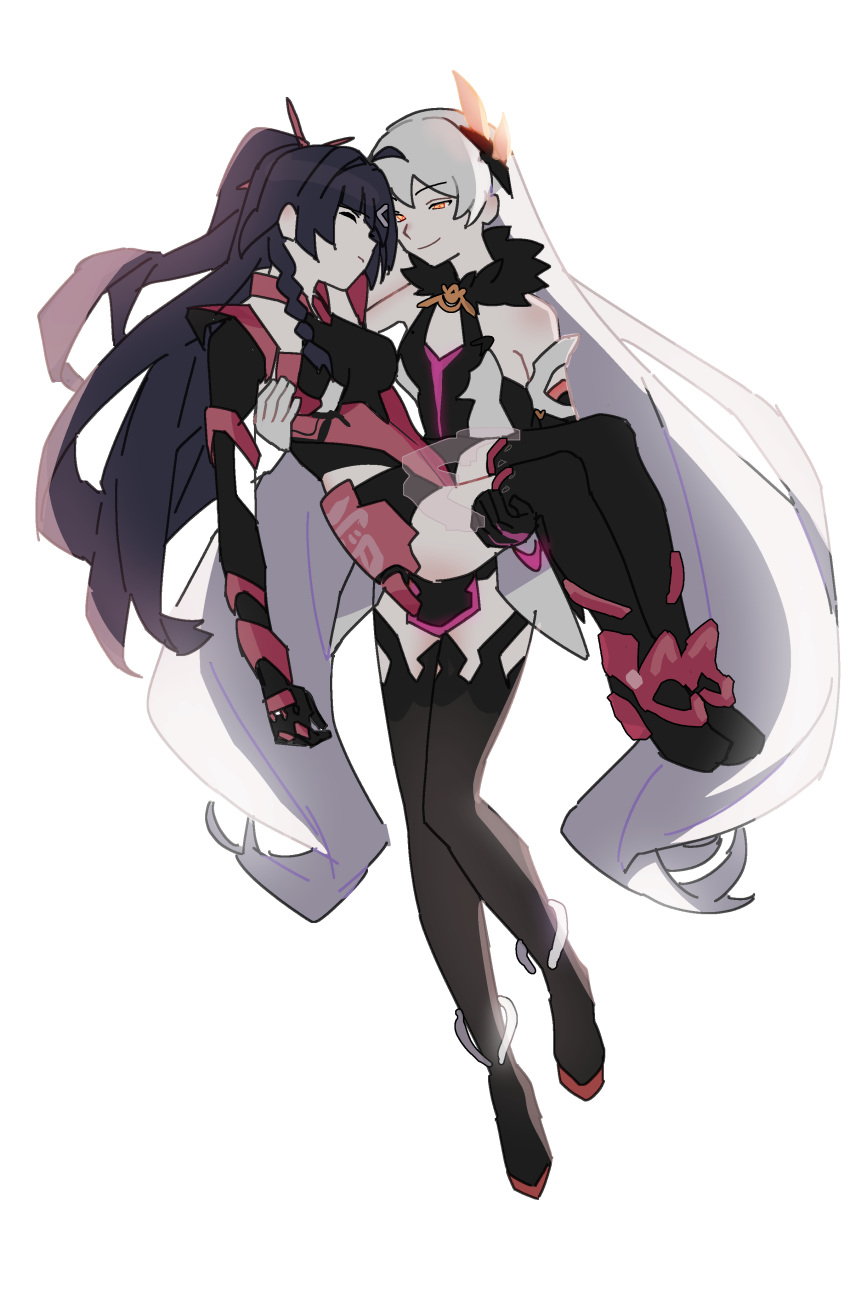 2girls, absurdres, antenna_hair, asymmetrical_gloves, bangs, bare_shoulders, black_footwear, black_gloves, boots, carrying, closed_eyes, closed_mouth, full_body, gloves, hair_between_eyes, hair_ornament, highres, hm_mono, honkai_(series), honkai_impact_3rd, kiana_kaslana, kiana_kaslana_(herrscher_of_the_void), long_hair, looking_at_another, mismatched_gloves, multiple_girls, ponytail, princess_carry, purple_hair, raiden_mei, raiden_mei_(crimson_impulse), simple_background, smile, thigh-highs, thigh_boots, white_background, white_gloves, white_hair, yellow_eyes