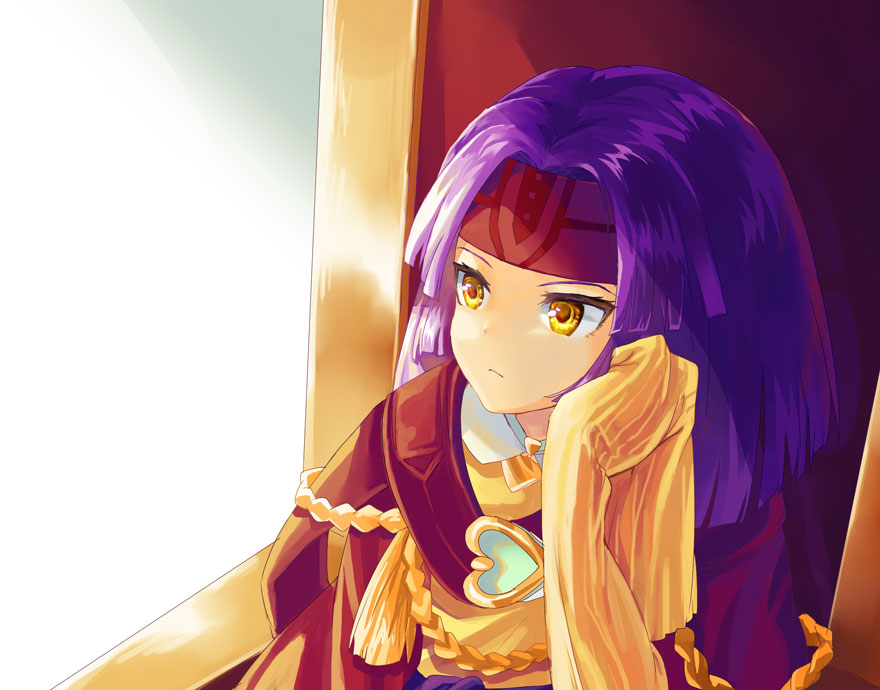 1girl, chair, closed_mouth, expressionless, fire_emblem, fire_emblem:_path_of_radiance, hand_on_own_face, headband