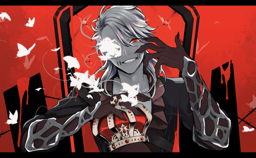 1boy, bug, butterfly, closed_eyes, crown, crown_removed, highres, identity_v, king_(vocaloid), medium_hair, naib_subedar, red_eyes, red_theme, shooooyo, solo, stitches