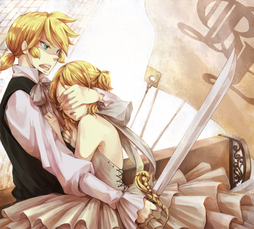 blonde_hair, covering_eyes, dress, kagamine_len, kagamine_rin, pirate, short_hair, shouyu_meshi, siblings, strapless_dress, sword, twins, vocaloid, weapon