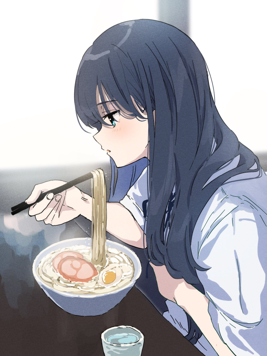 1girl, black_hair, blue_eyes, blurry, blurry_background, chopsticks, commentary_request, eating
