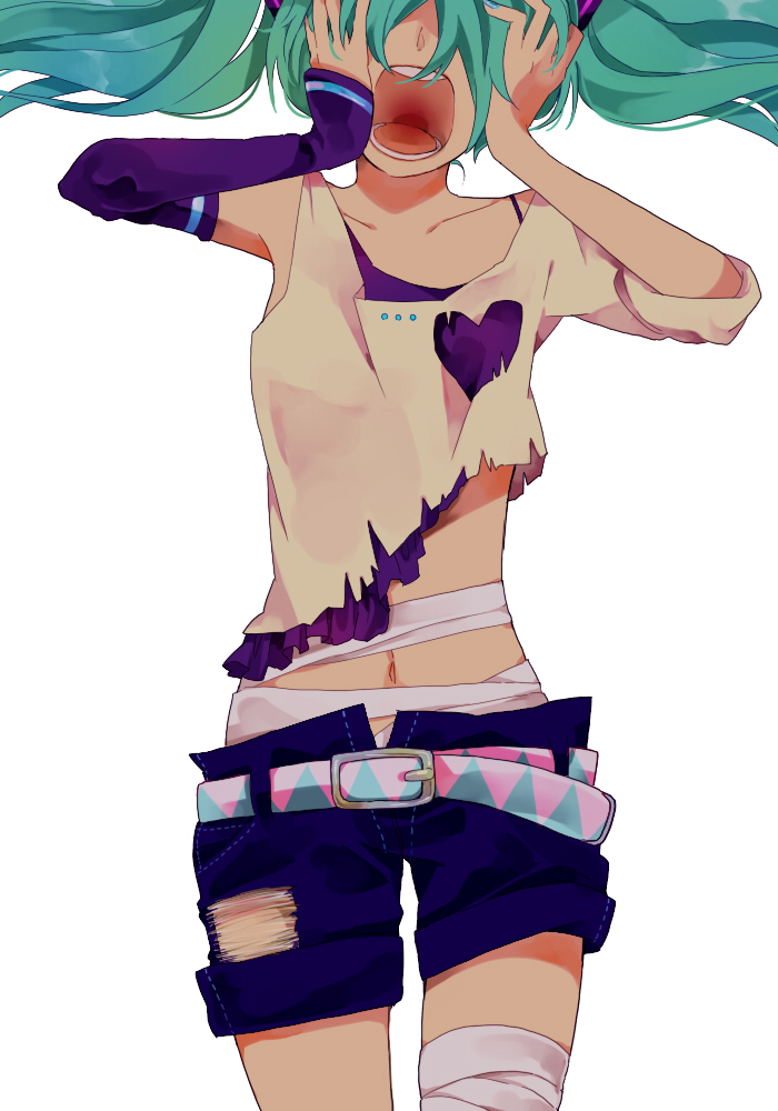 aqua_hair, bandage, bandages, belt, hatsune_miku, holding_head, kotoma, long_hair