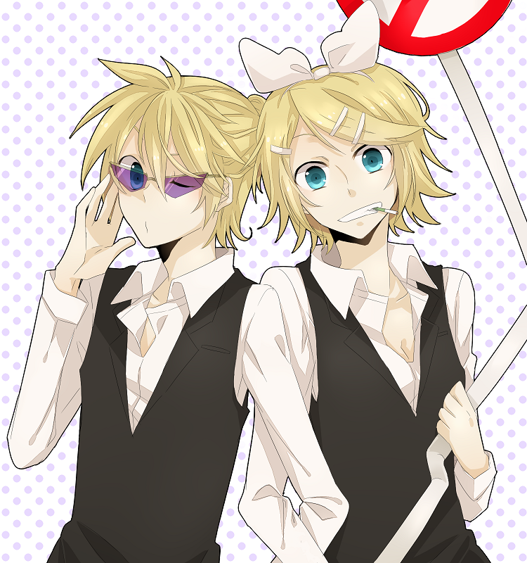 aqua_hair, blonde_hair, cigarette, cosplay, durarara!!, hair_ornament, hair_ribbon, hairclip, heiwajima_shizuo, heiwajima_shizuo_(cosplay), kagamine_len, kagamine_rin, orihara_izaya_(cosplay), ribbon, road_sign, rossons, short_hair, siblings, sign, smile, smoking, sunglasses, tuxedo, twins, vocaloid, wink