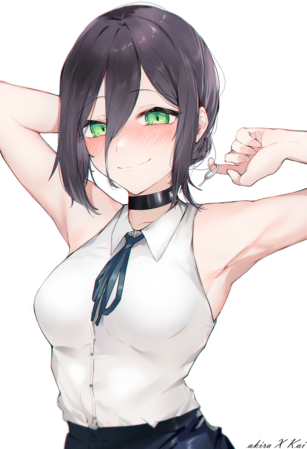 1girl, armpits, arms_up, bare_arms, black_choker, black_skirt, blue_neckwear, blush, chainsaw_man, chinese_commentary, choker, commentary_request, eyebrows_visible_through_hair, green_eyes, hair_bun, highres, looking_at_viewer, neck_ribbon, picokwan, purple_hair, reze_(chainsaw_man), ribbon, shirt, simple_background, skirt, sleeveless, sleeveless_shirt, smile, solo, upper_body, white_background, white_shirt