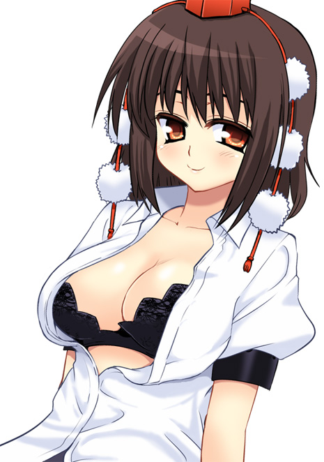 bra, breasts, brown_hair, cleavage, hat, lingerie, red_eyes, shameimaru_aya