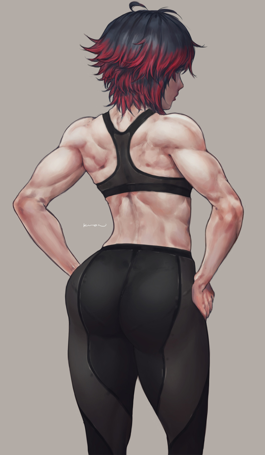 1girl, absurdres, ass, back, black_hair, contrapposto, from_behind, hands_on_hips