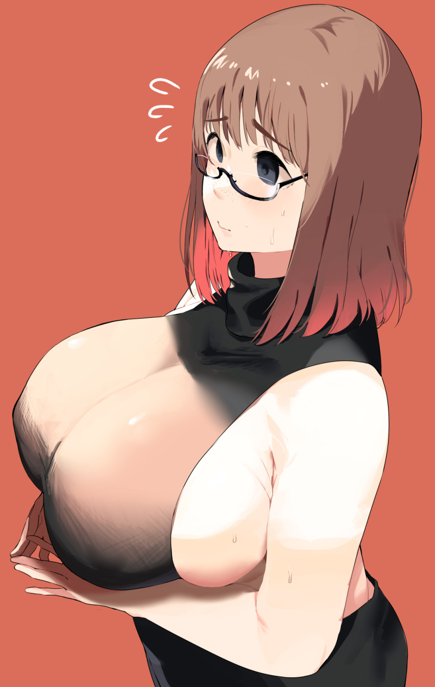 1girl, bangs, bare_arms, black-framed_eyewear, black_dress, breasts, brown_hair, closed_mouth