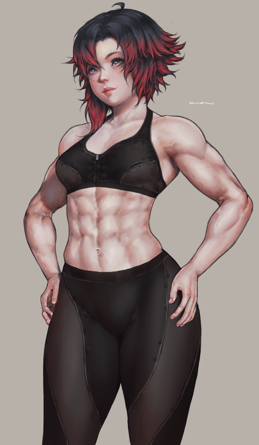 1girl, abs, absurdres, black_hair, breasts, contrapposto, grey_background, grey_eyes
