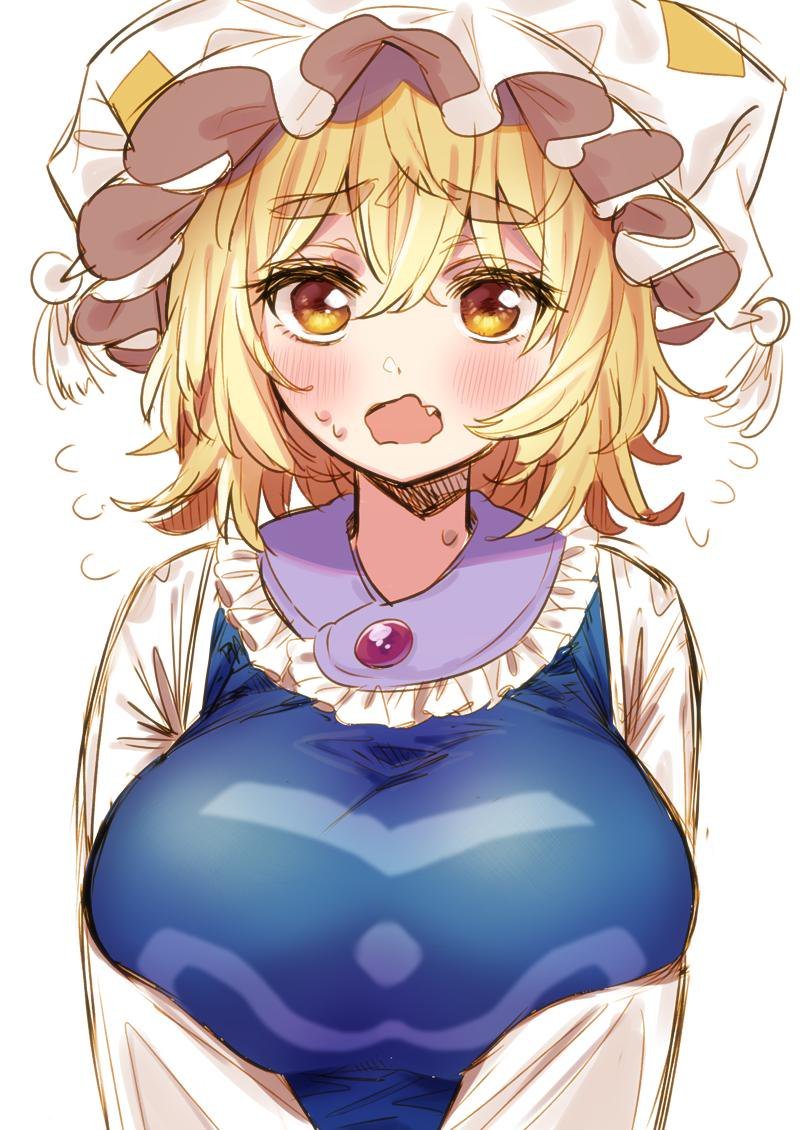 1girl, blonde_hair, blush, breast_squeeze, breasts, commentary_request, dress, fang