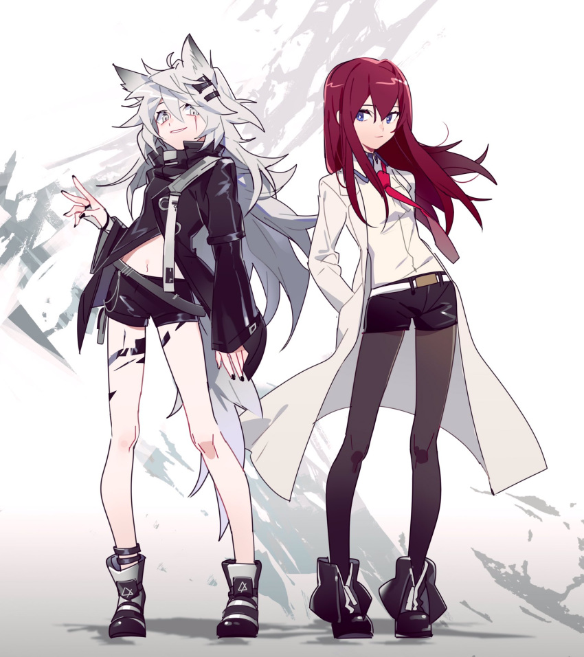2girls, aibivy, animal_ears, arknights, bangs, belt, black_footwear, black_jacket