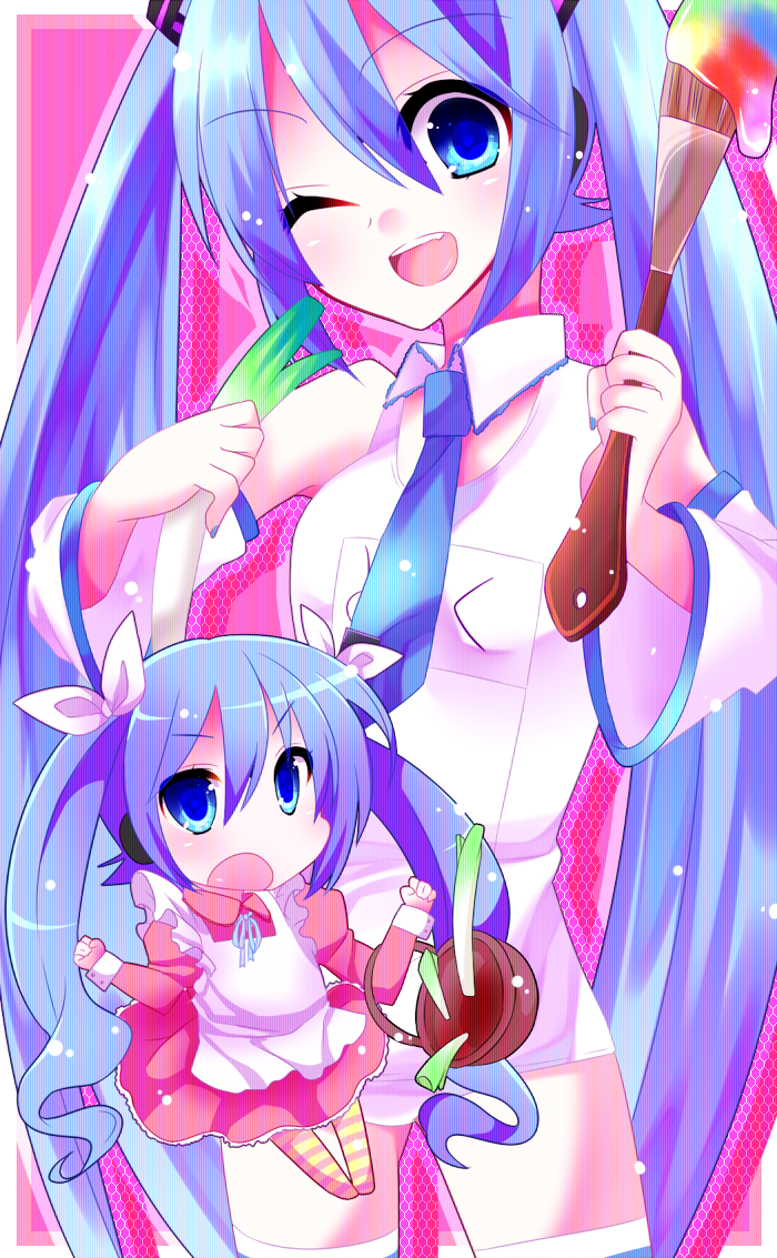 bad_id, blue_eyes, blue_hair, chibi, detached_sleeves, hair_ribbon, hatsune_miku, hatsune_miku_no_bousou_(vocaloid)