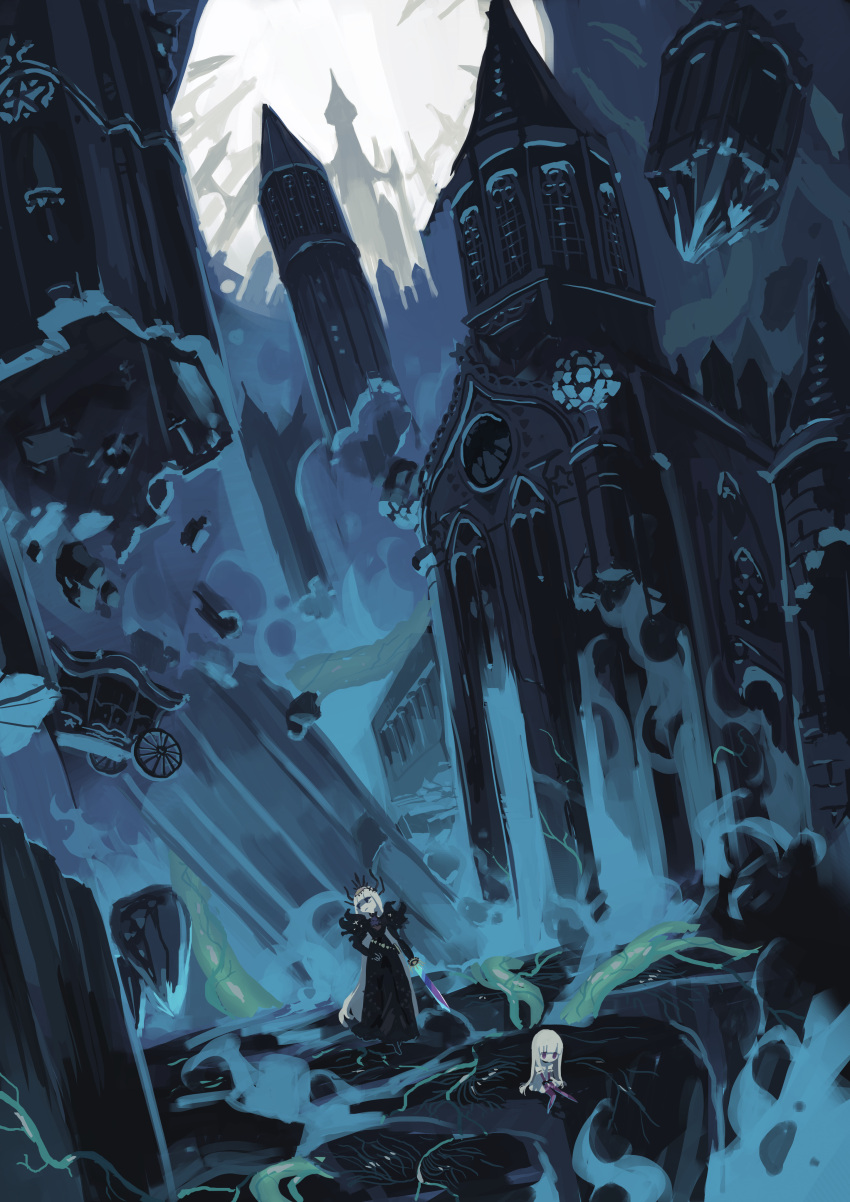 2girls, absurdres, black_dress, blue_theme, castle, dress, eye_(okame_nin), hand_on_hip