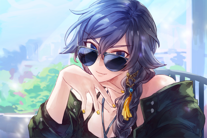 1girl, amyucheu, bangs, black_hair, blue_eyes, casual, chair, closed_mouth