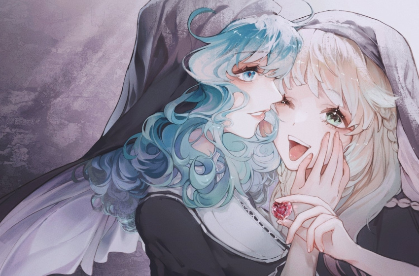 2girls, :d, aqua_hair, blonde_hair, braid, couple, curly_hair, eyeshadow, gabriel_(tokyo_houkago_summoners), gradient_hair, green_eyes, hair_strand, hand_on_another's_face, hand_on_another's_shoulder, heads_together, heart, lips, long_hair, makeup, maria_(tokyo_houkago_summoners), multicolored_hair, multiple_girls, one_eye_closed, open_mouth, priestess, smile, sunlight, tokyo_houkago_summoners, tongue, upper_body, wwhiteli, yuri
